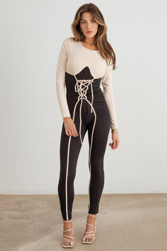 Black & Tan Contrast Stitch Lace-Up Long Sleeve Jumpsuit /3-2-1