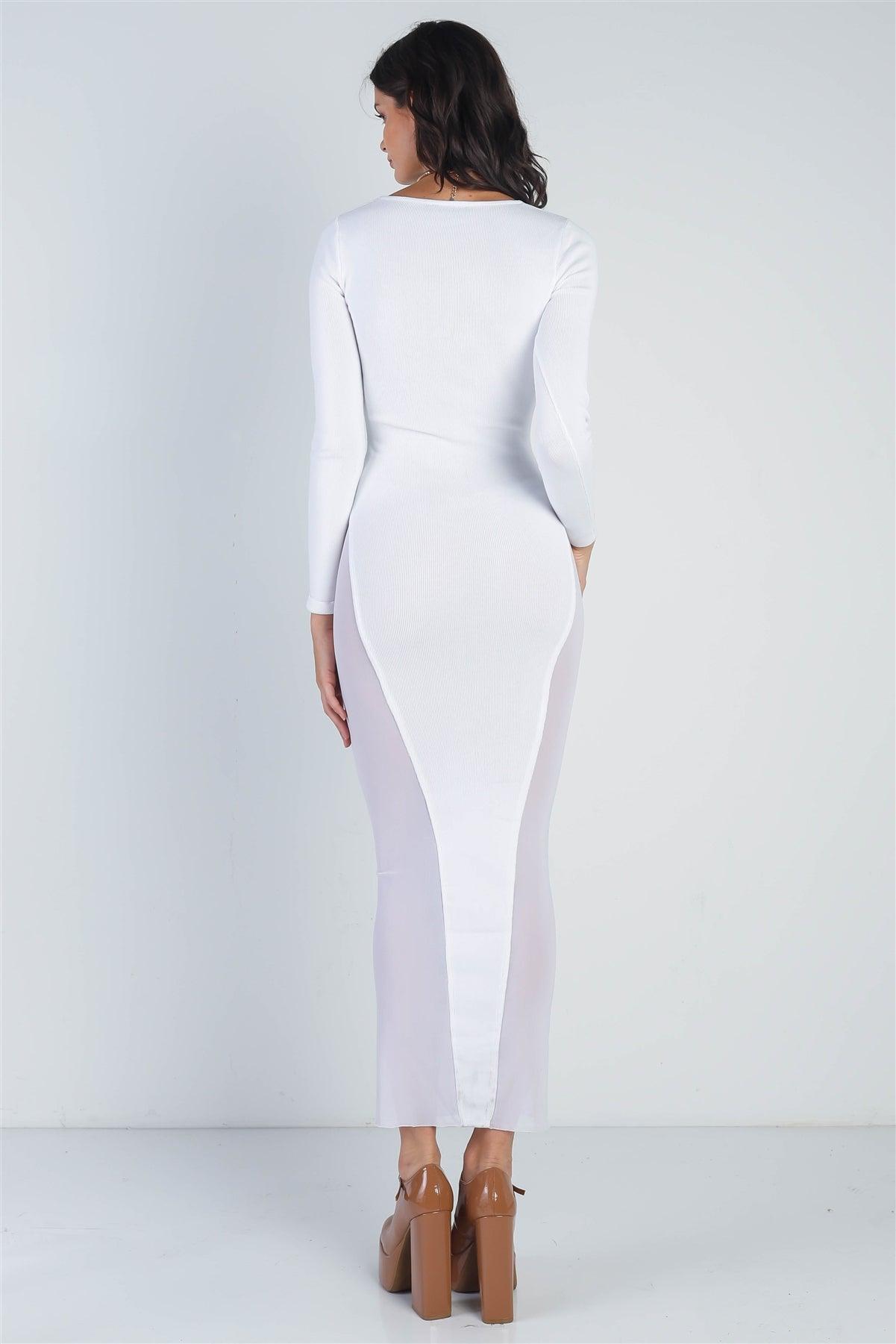 White Cutout Bust  Mesh Side Detail Long Sleeve  Dress /1-1-1