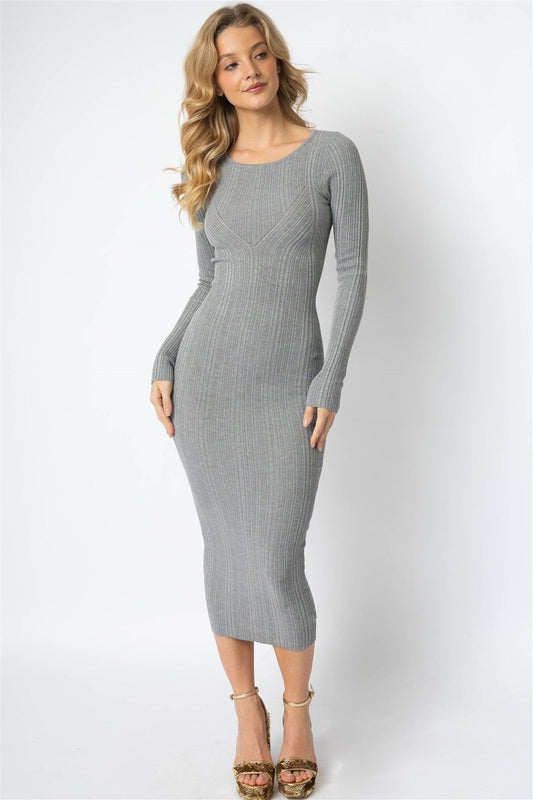 Grey Knit Textured Long Sleeve Slim Fit Midi Dress /3-2-1