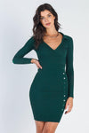 Hunter Green Knit Ribbed Button Up Detail Collared Long Sleeve Midi Dress /3-2-1