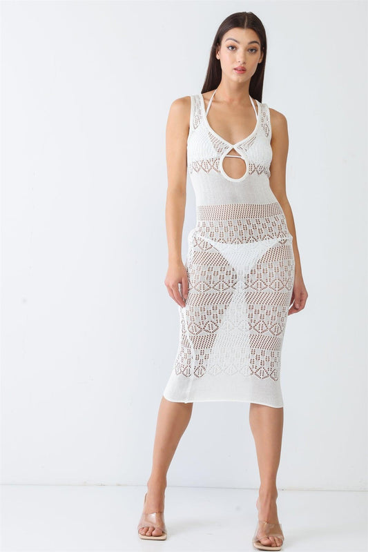 White Knit Crochet Lace Sheer Cut-Out Sleeveless Midi Dress /2-1-1