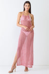 Mauve Knit Crochet Lace Sheer Sleeveless Halter Neck Open Back Maxi Dress /4-2-1