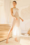 White Knit Sheer Sleeveless Halter Neck Open Back Maxi Dress /2-2-1