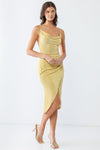 Light Mustard Cowl Neck Strappy Wrap Hem Midi Dress /4-2-1