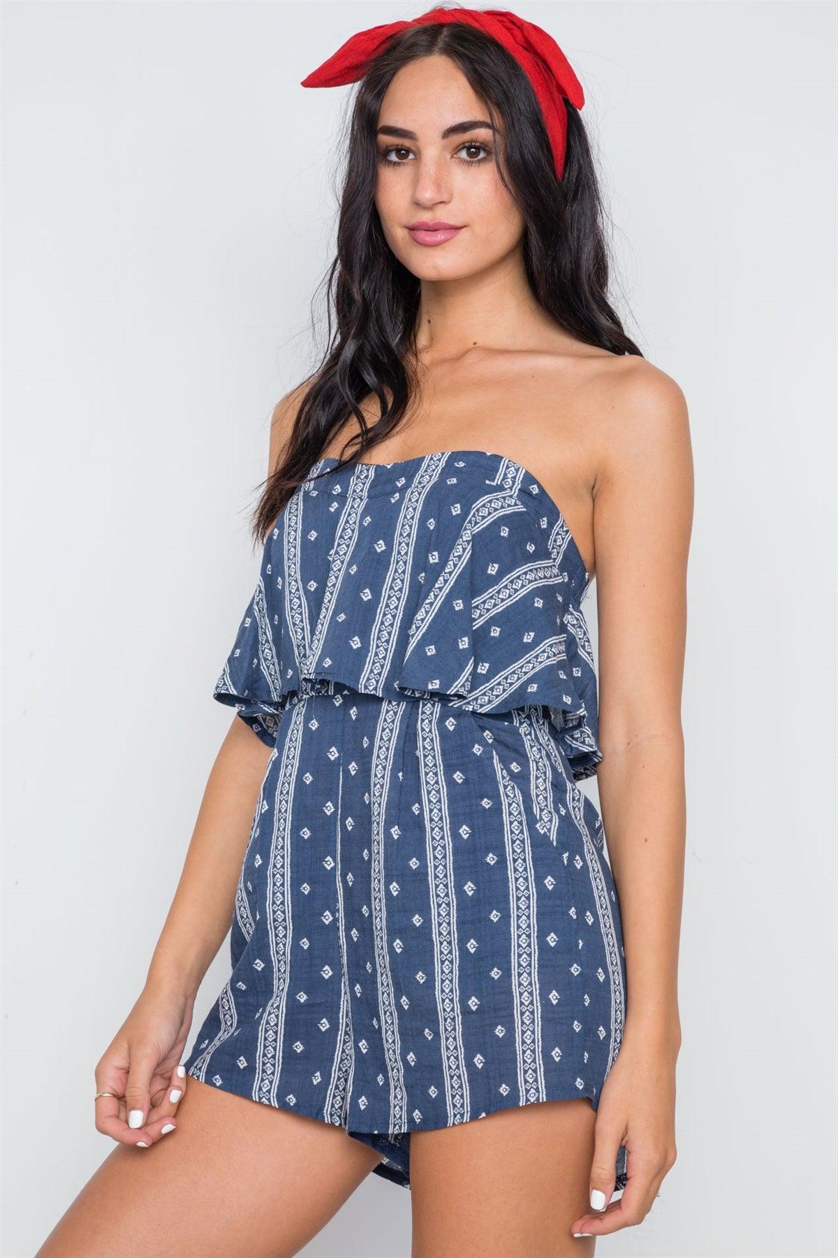 Navy Bandana Print Strapless Flounce Romper /3-2-1