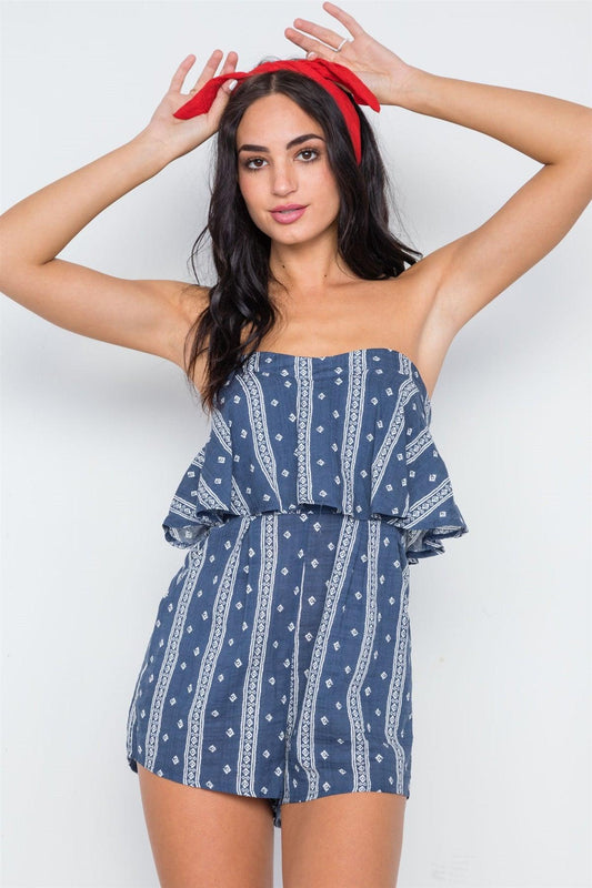 Navy Bandana Print Strapless Flounce Romper /1-3-2-1