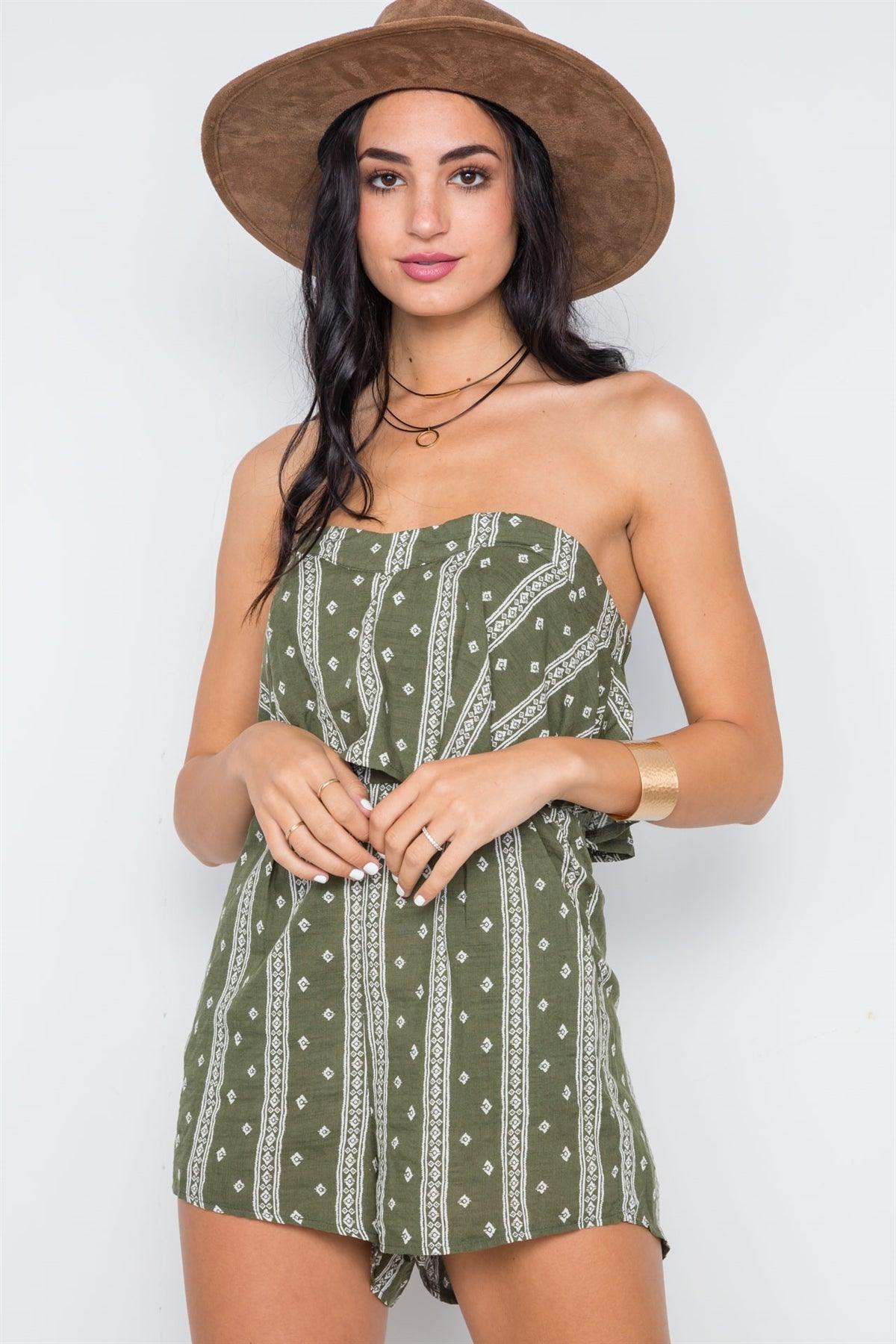 Olive Bandana Print Strapless Flounce Romper /3-2-1