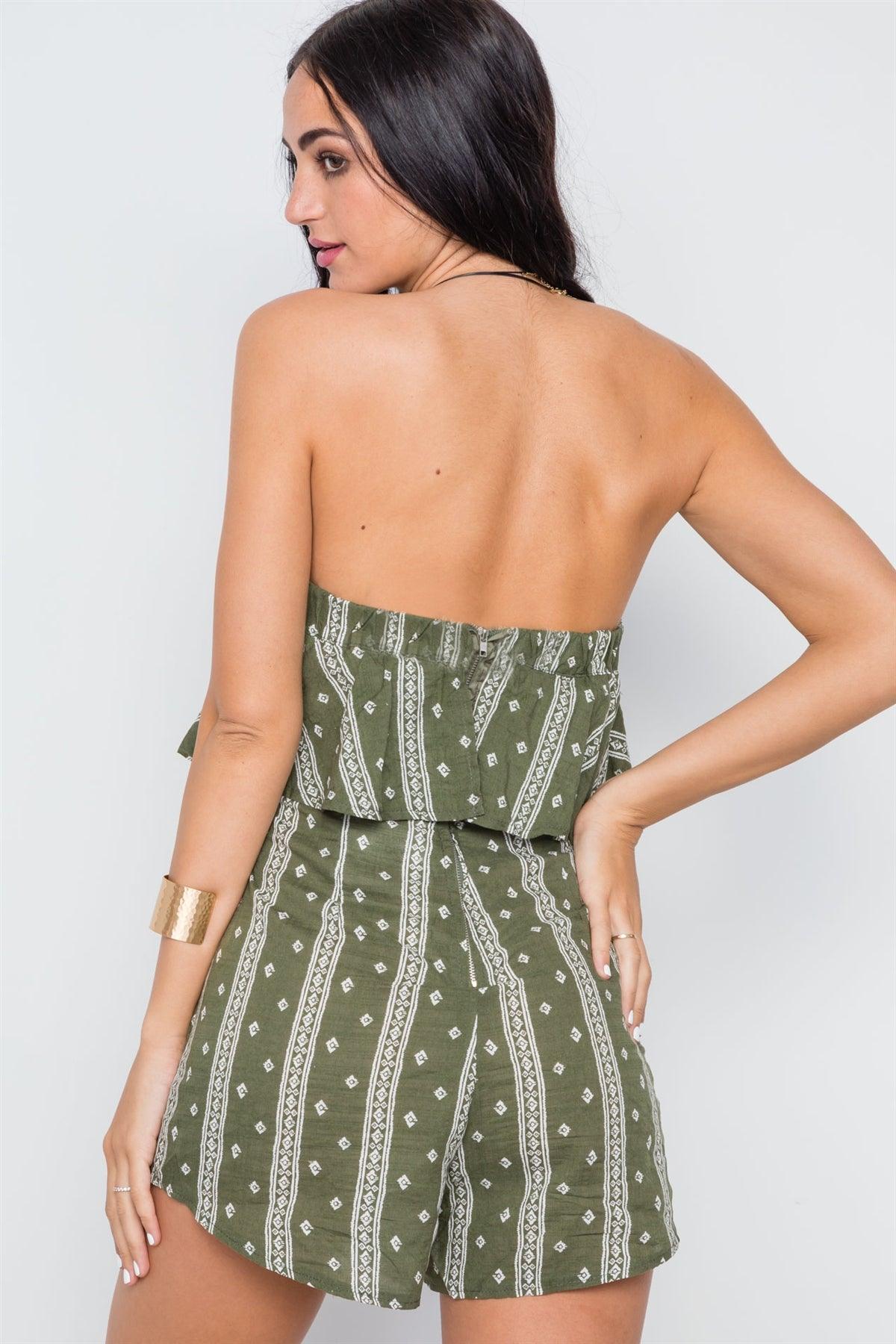 Olive Bandana Print Strapless Flounce Romper /3-2-1