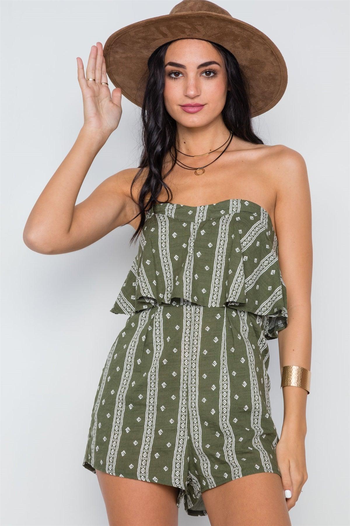 Olive Bandana Print Strapless Flounce Romper /1-3-2-1