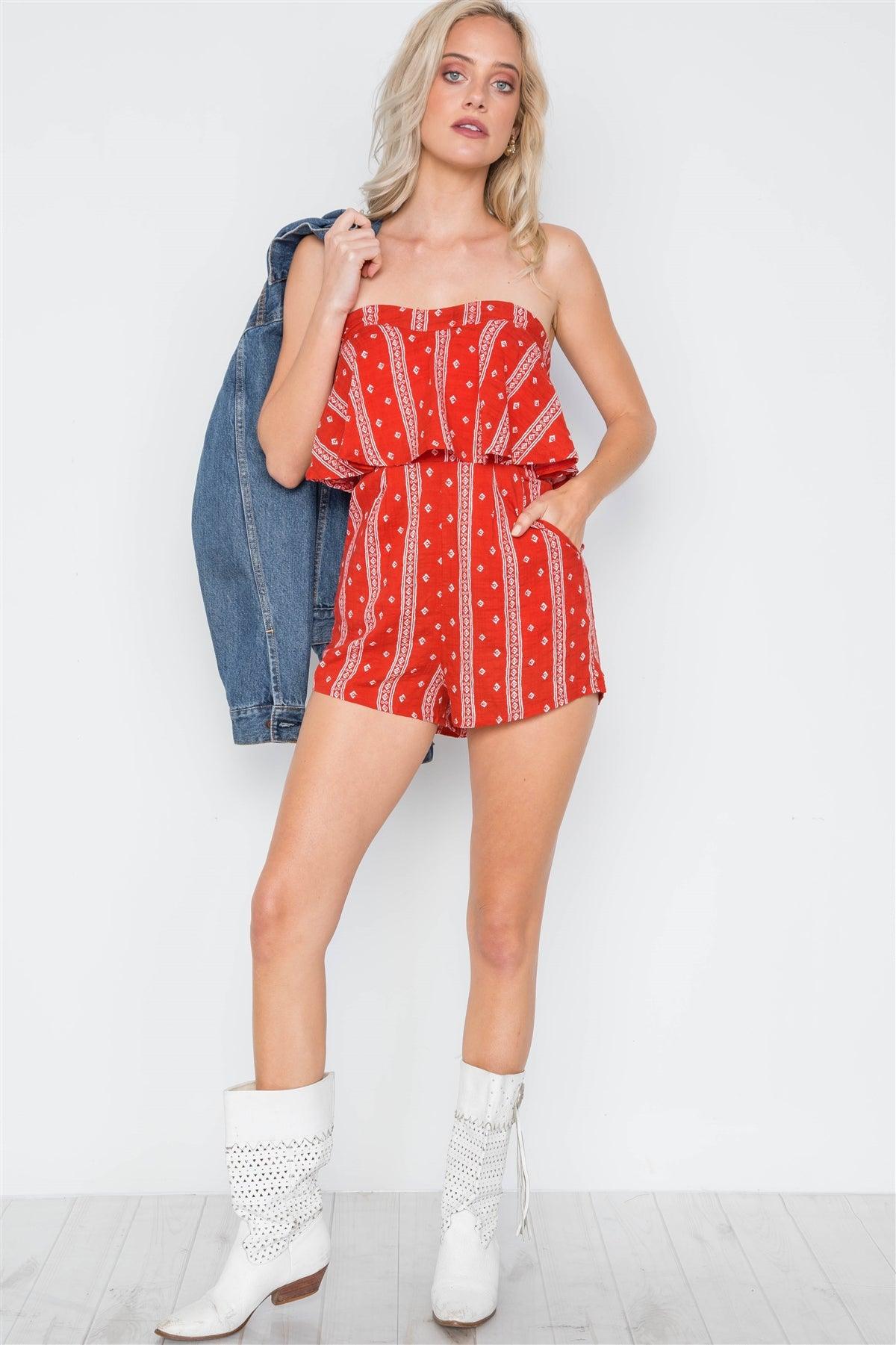 Red Bandana Print Strapless Flounce Romper /1-3-1