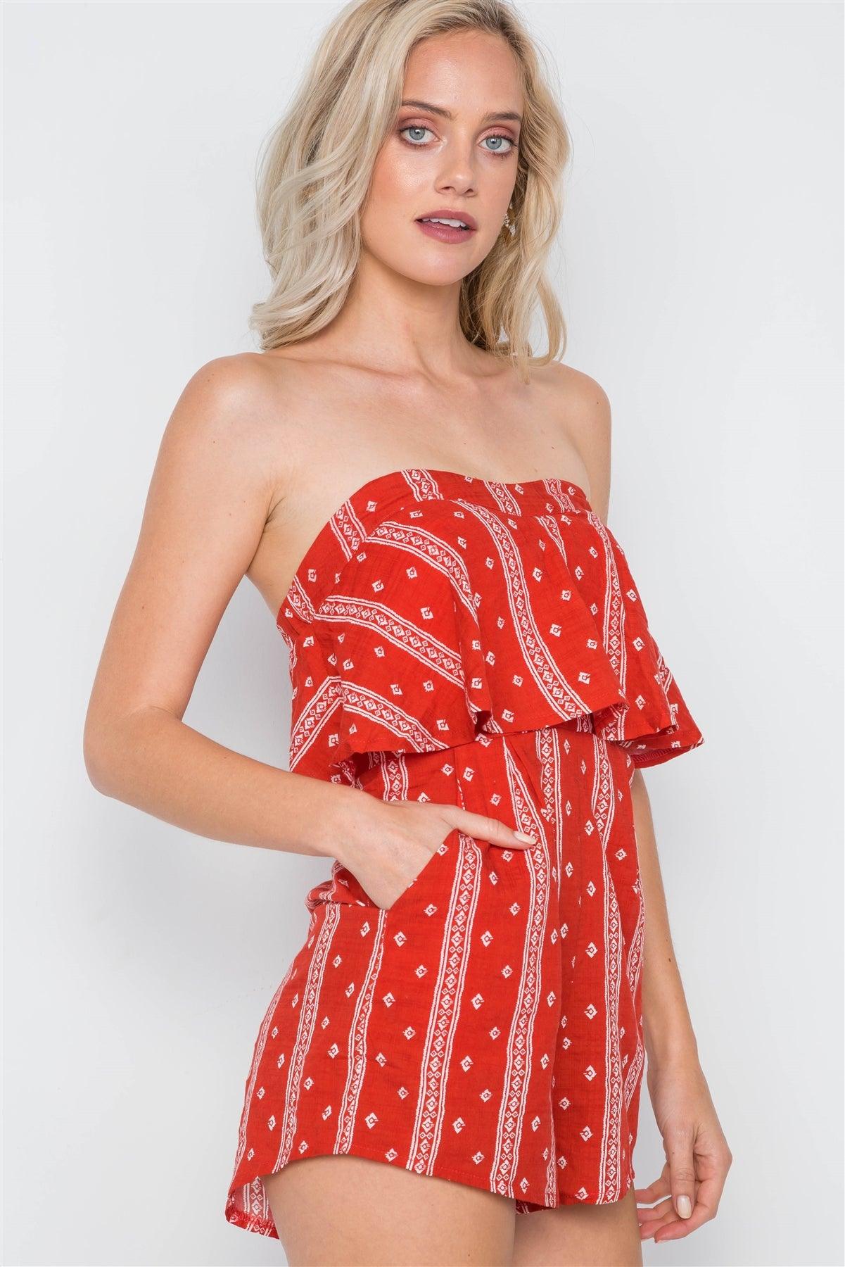 Red Bandana Print Strapless Flounce Romper /1-3-1