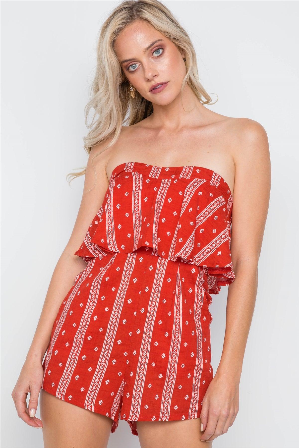 Red Bandana Print Strapless Flounce Romper /1-3-1