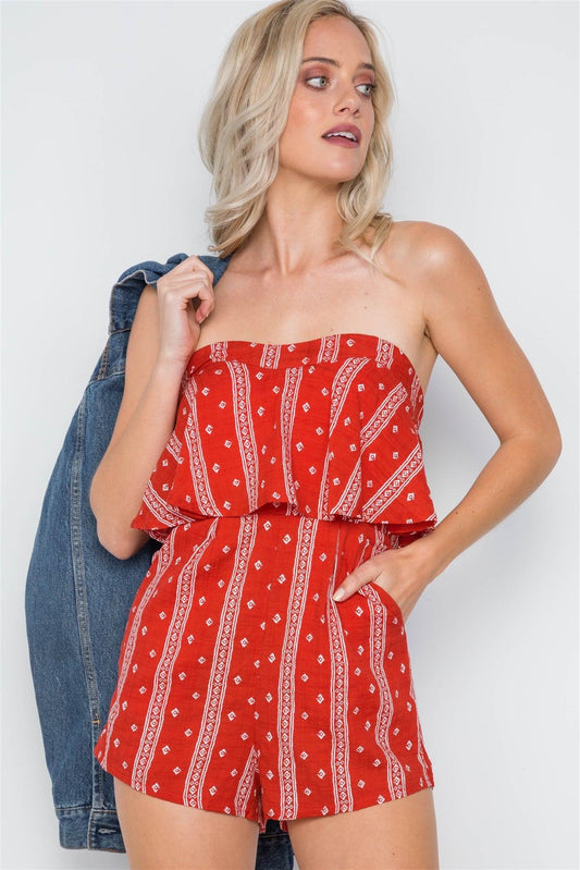 Red Bandana Print Strapless Flounce Romper /3-3-1