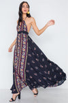 Navy Mustard Halter Neck Multi Print Maxi Dress /3-1-1