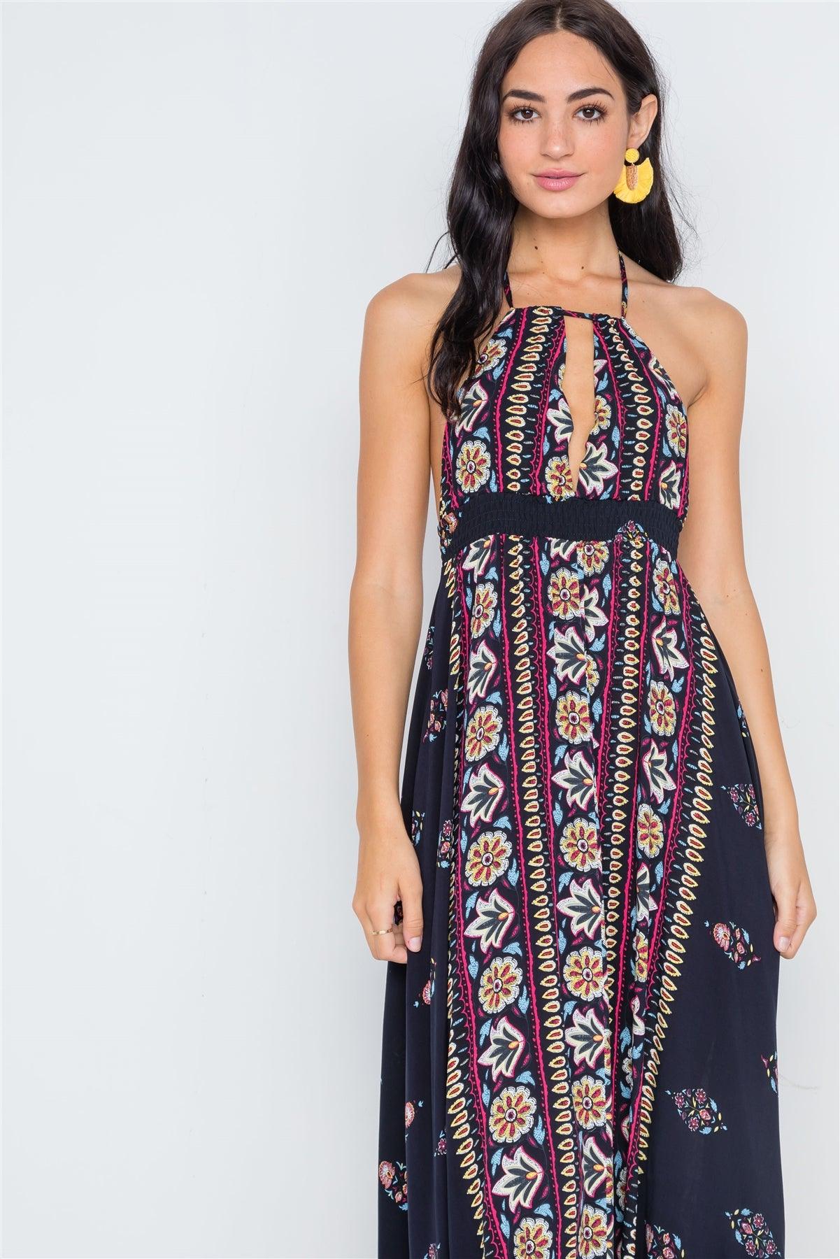 Navy Mustard Halter Neck Multi Print Maxi Dress /3-1-1