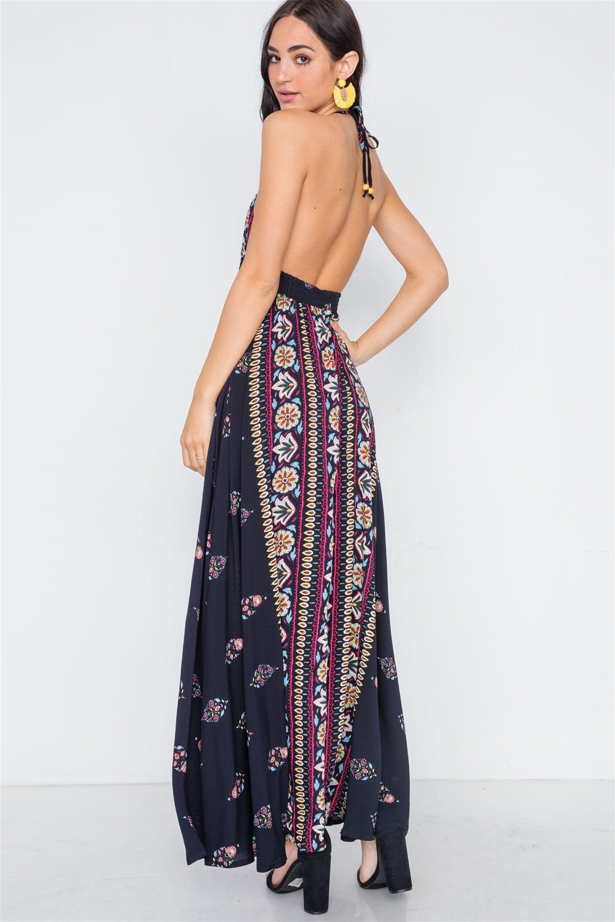 Navy Mustard Halter Neck Multi Print Maxi Dress /3-1-1