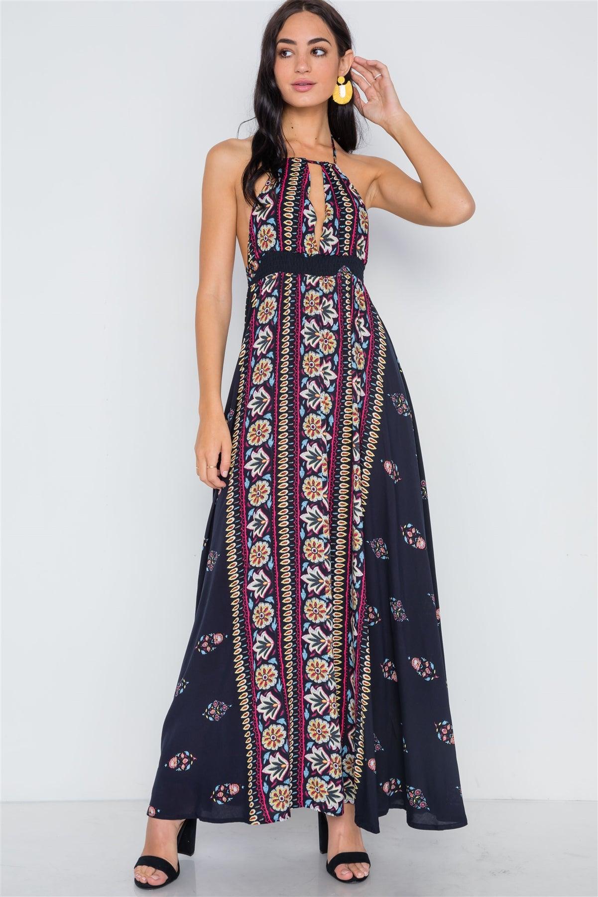 Navy Mustard Halter Neck Multi Print Maxi Dress /3-1-1