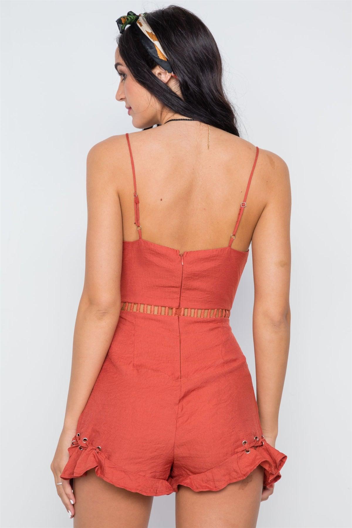 Rust Crochet Trim Lace Up Ruffle Cami Romper /2-2-1