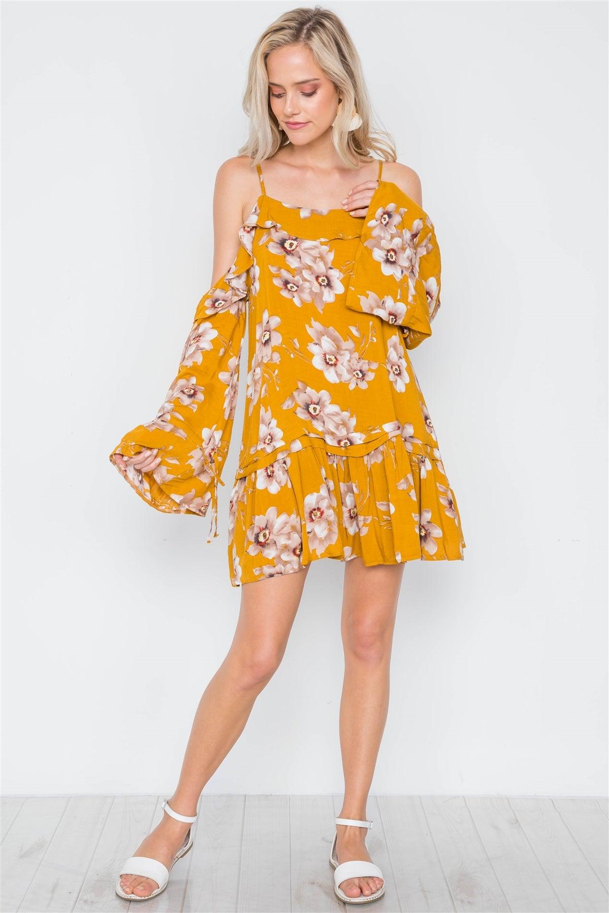 Mustard Cold Shoulder Bell Sleeve Flounce Mini Dress /2-2-1