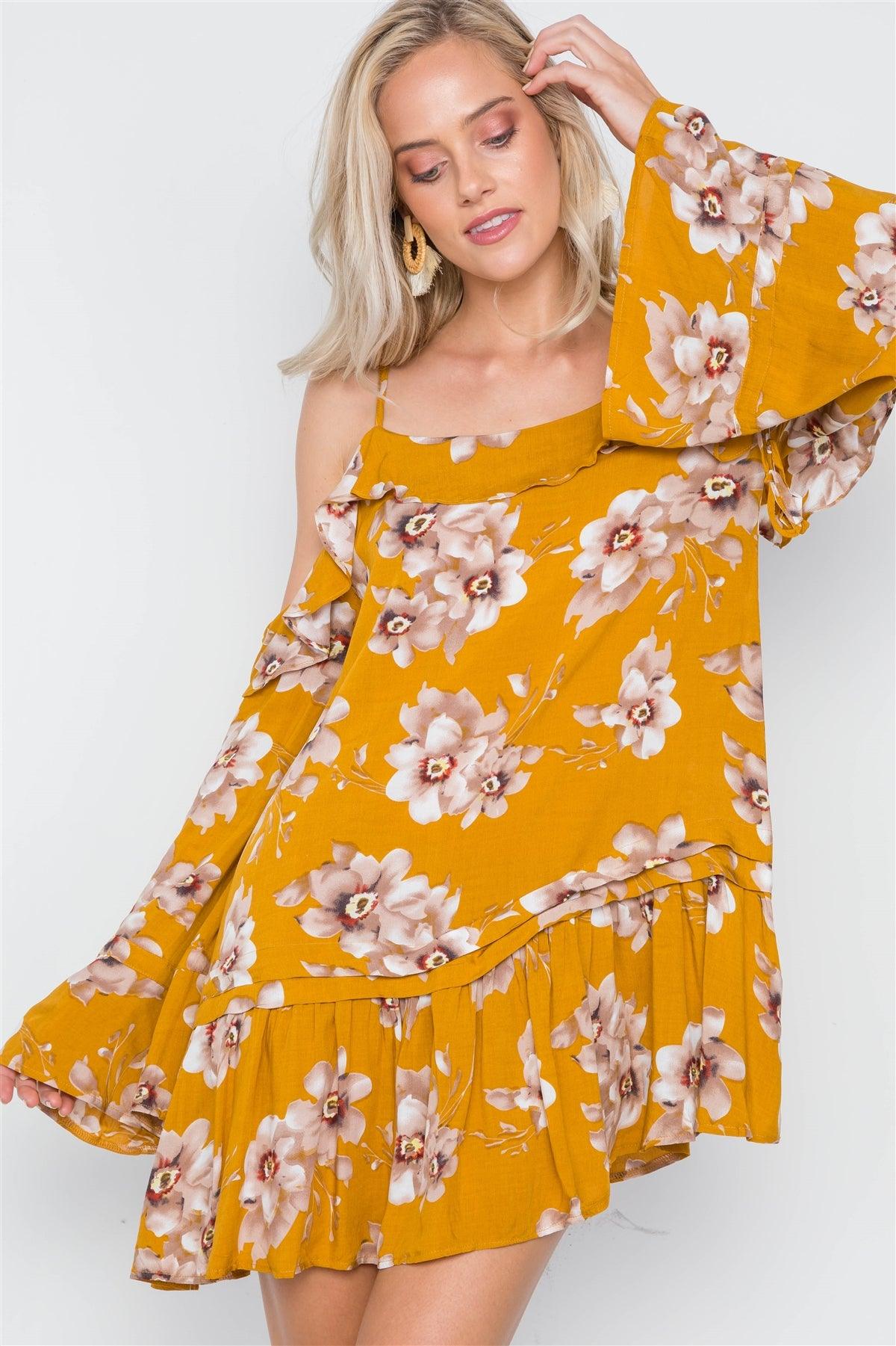 Mustard Cold Shoulder Bell Sleeve Flounce Mini Dress /2-2-1