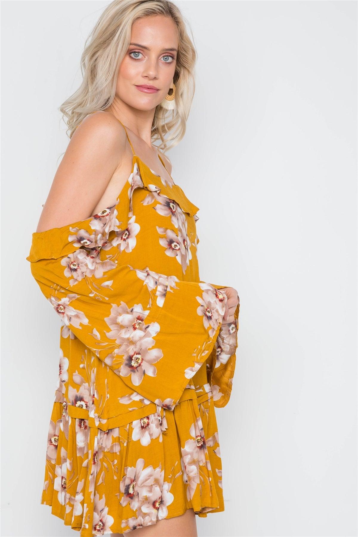 Mustard Cold Shoulder Bell Sleeve Flounce Mini Dress /2-2-1