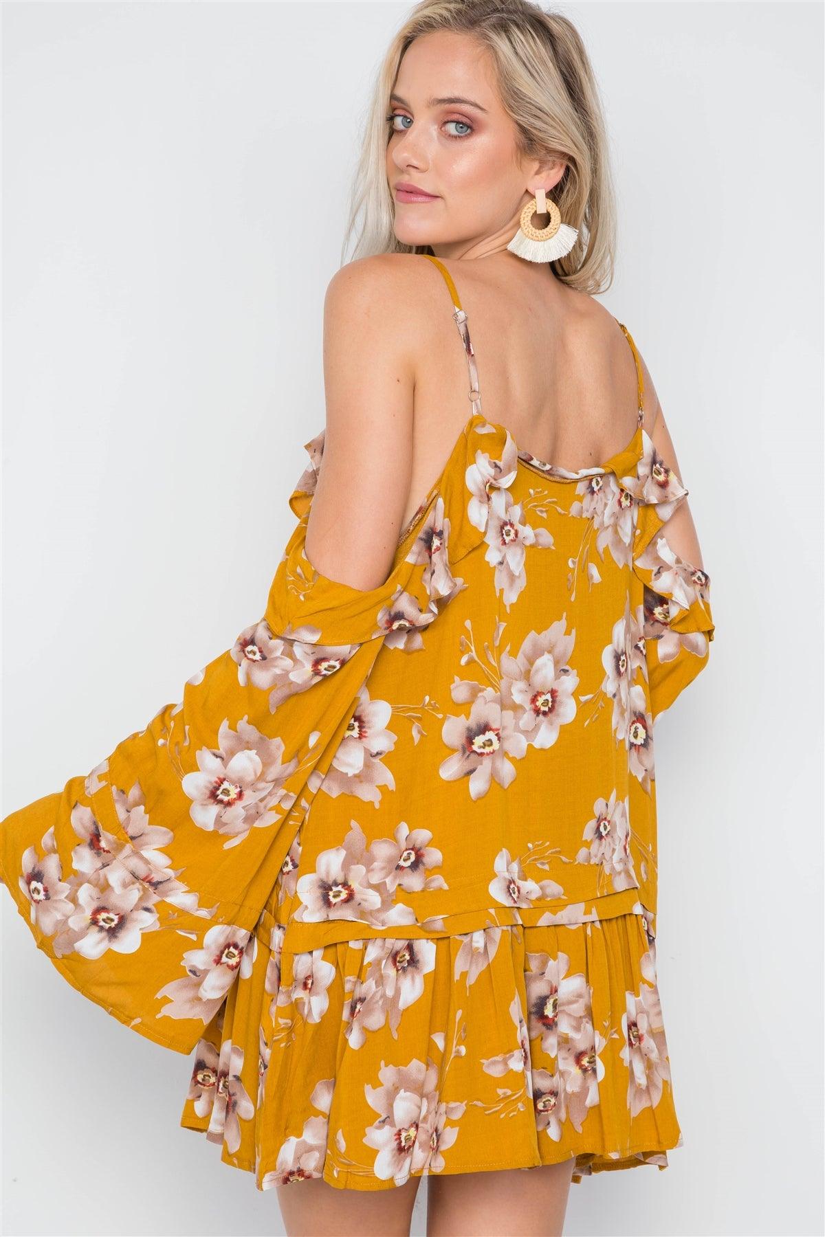 Mustard Cold Shoulder Bell Sleeve Flounce Mini Dress /2-2-1