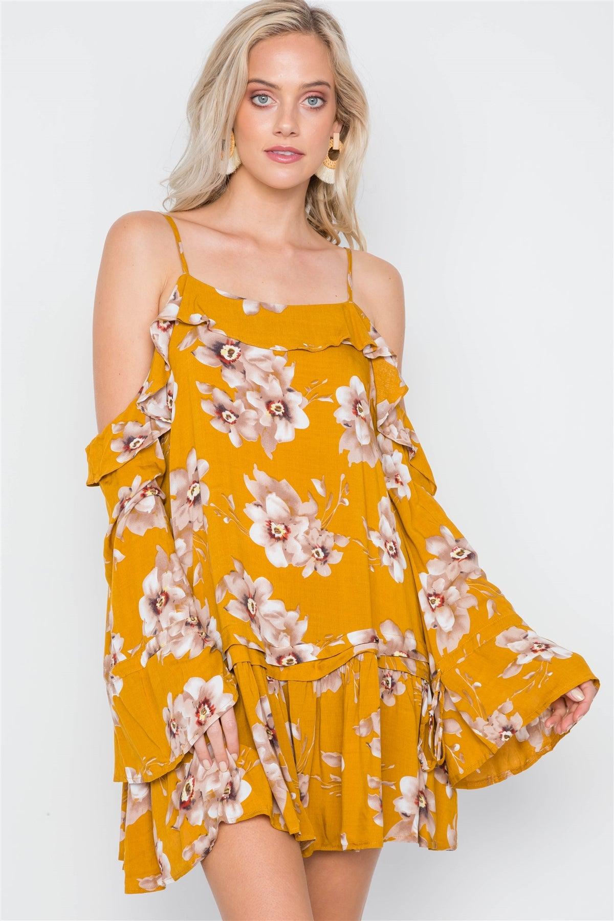 Mustard Cold Shoulder Bell Sleeve Flounce Mini Dress