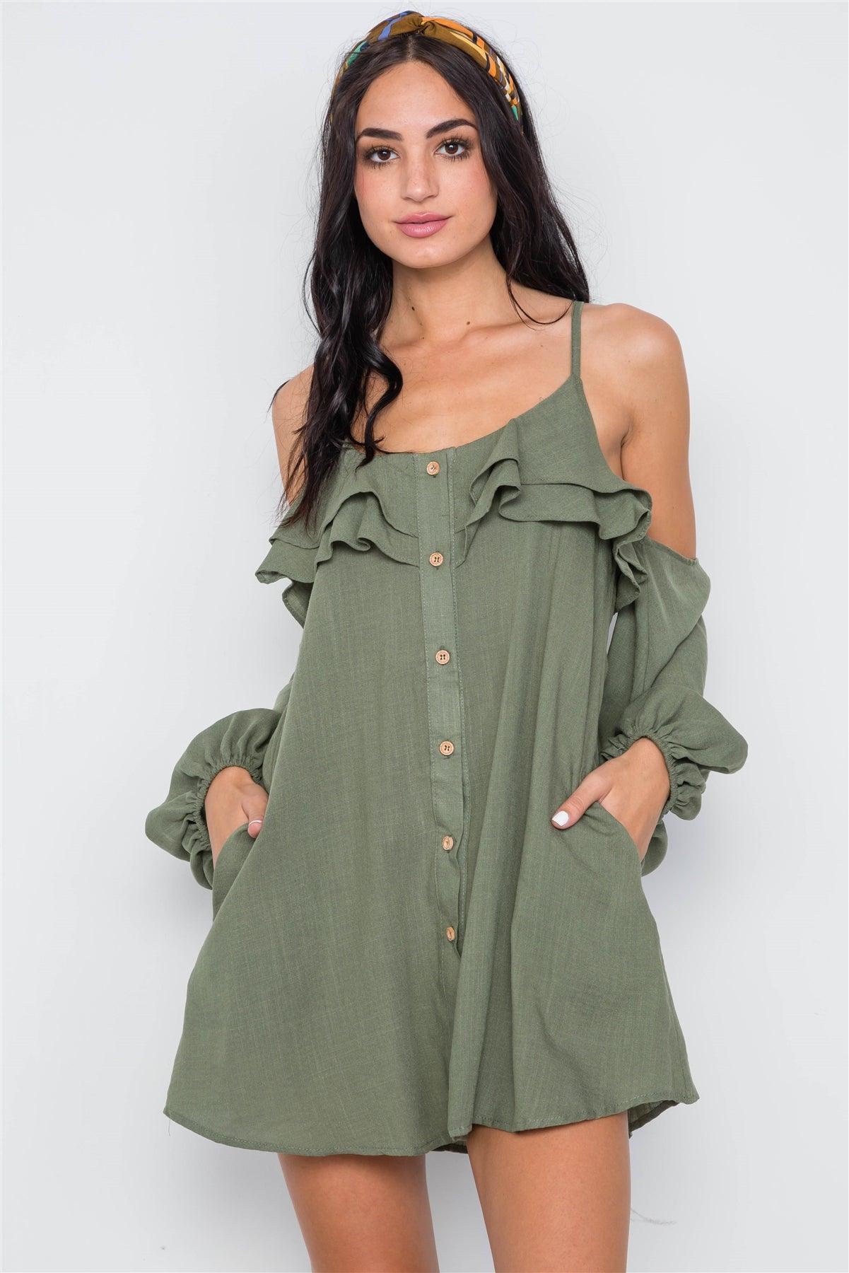 Khaki Olive Cold Shoulder Button Down Ruffle Mini Dress