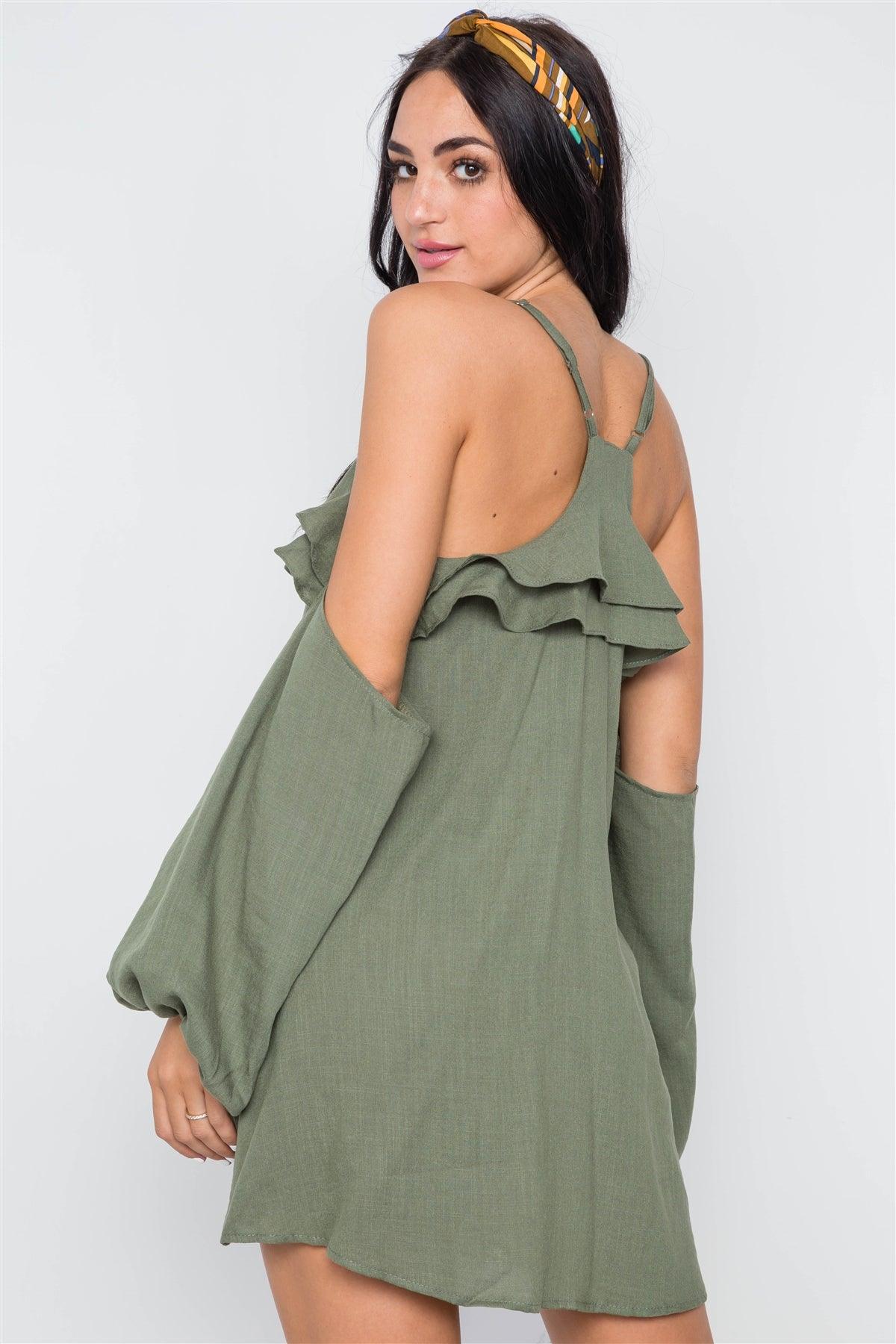 Khaki Olive Cold Shoulder Button Down Ruffle Mini Dress /1-3-2-1