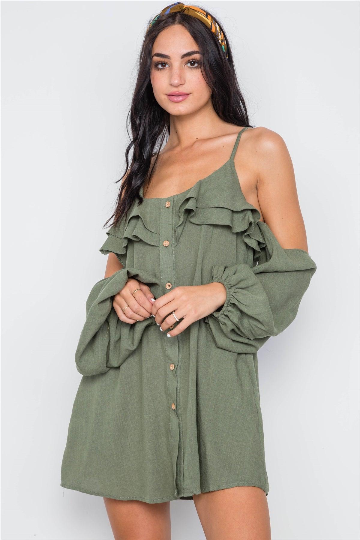 Khaki Olive Cold Shoulder Button Down Ruffle Mini Dress /1-3-2-1