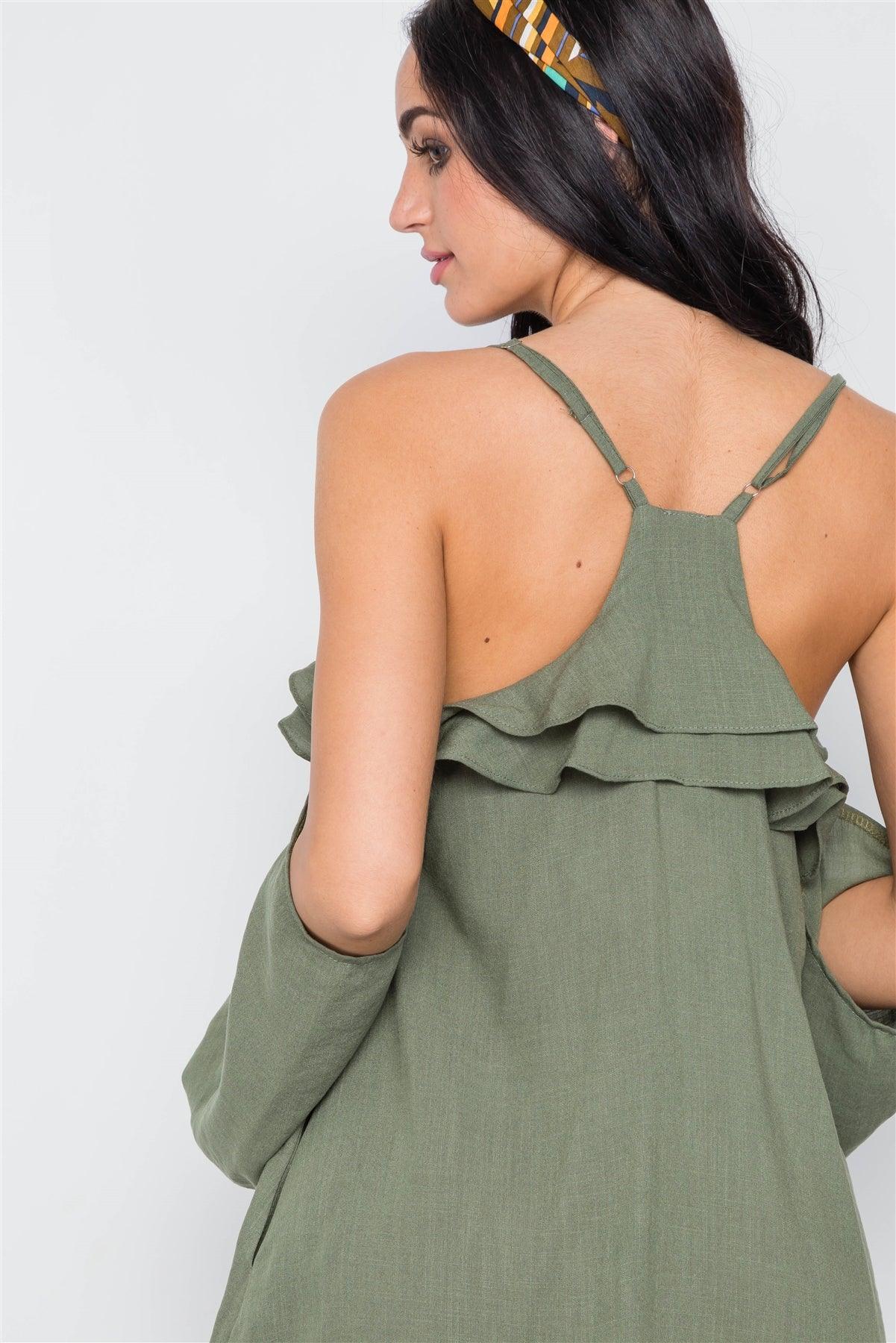 Khaki Olive Cold Shoulder Button Down Ruffle Mini Dress /1-3-2-1