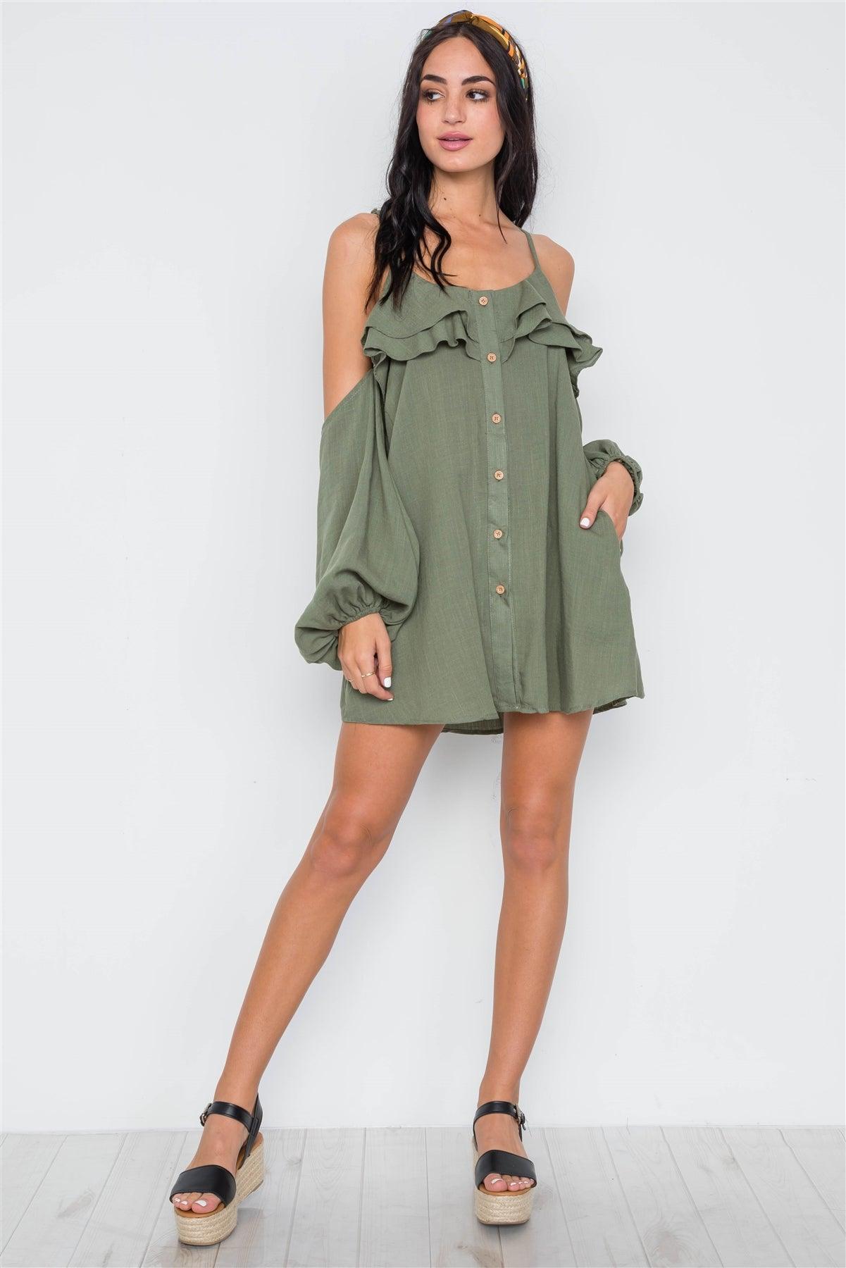 Khaki Olive Cold Shoulder Button Down Ruffle Mini Dress /1-3-2-1