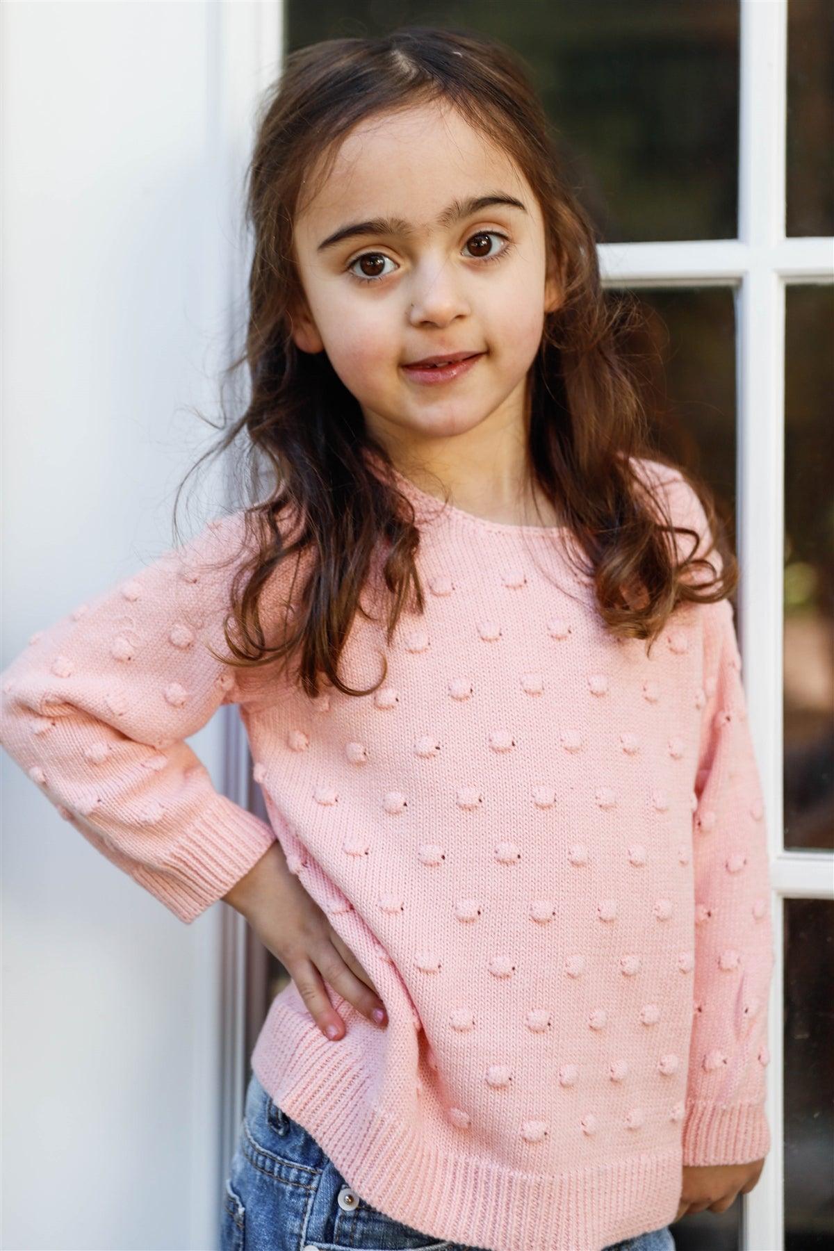 Girls Baby Pink Knit Textured Polka Dot Long Sleeve Sweater /2-2-2