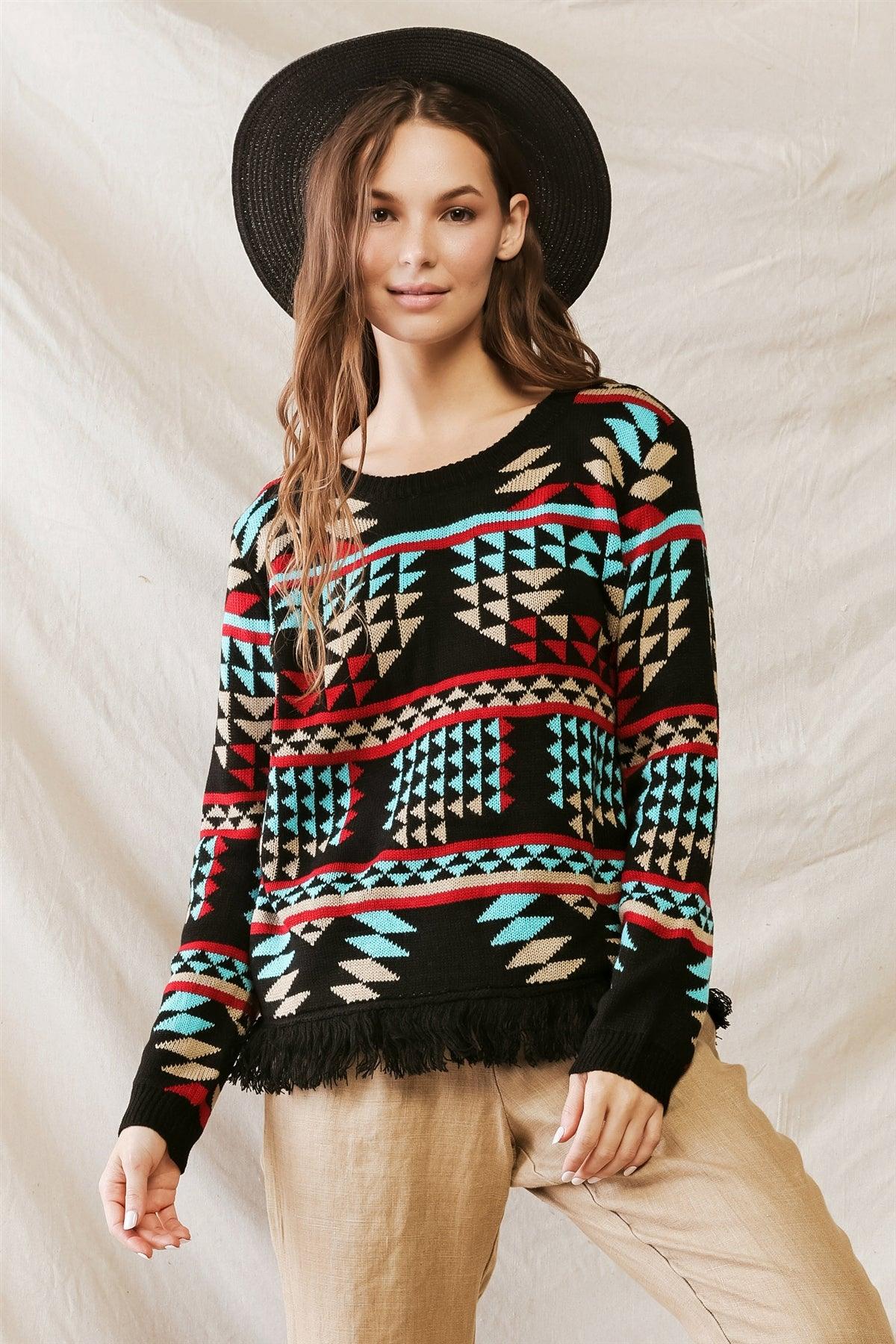 Black Multi Triangular Print Knit Fringe Hem Long Sleeve Sweater /2-2-1