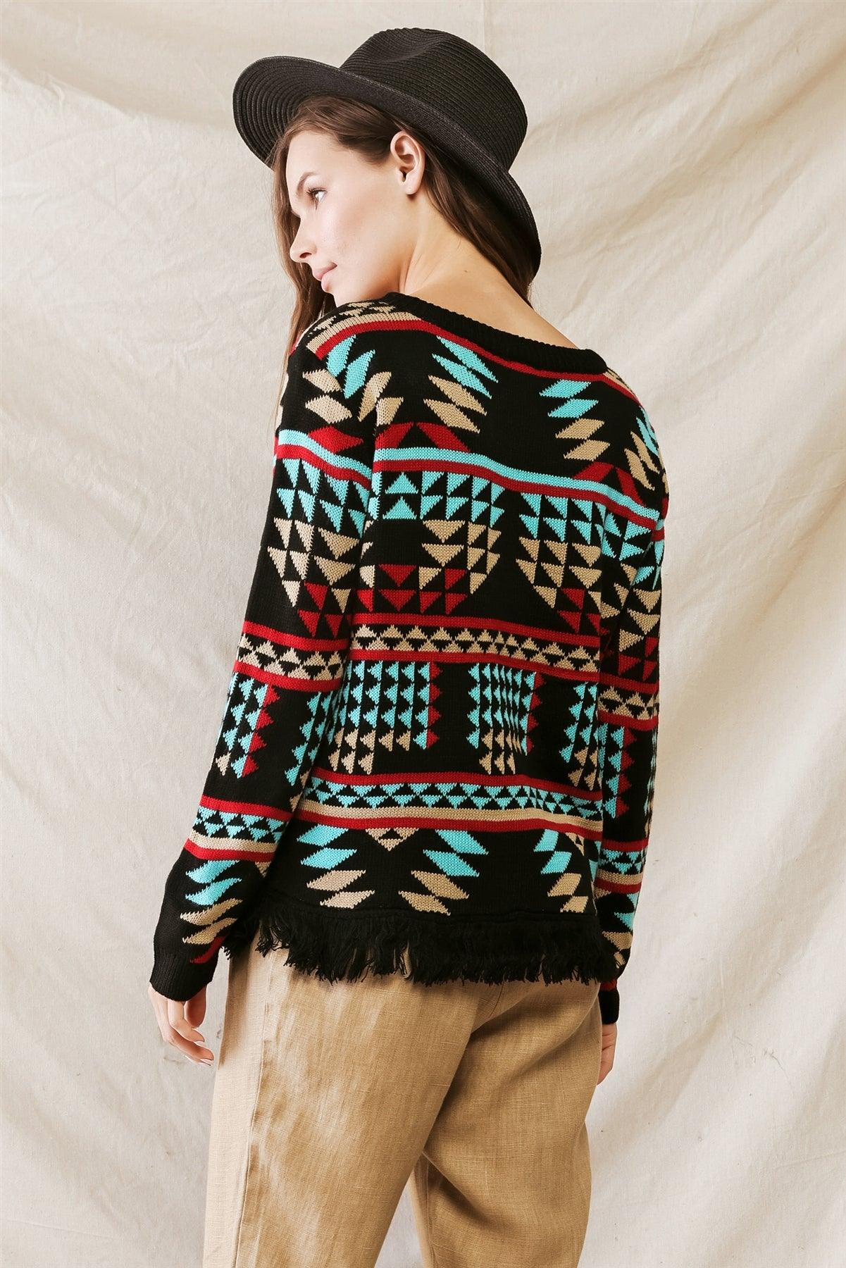 Black Multi Triangular Print Knit Fringe Hem Long Sleeve Sweater /2-2-1