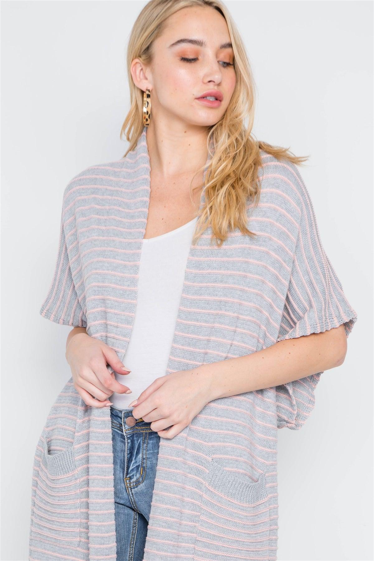 Heather Grey-Blush Knit Stripe Cardigan Vest /1-3-2