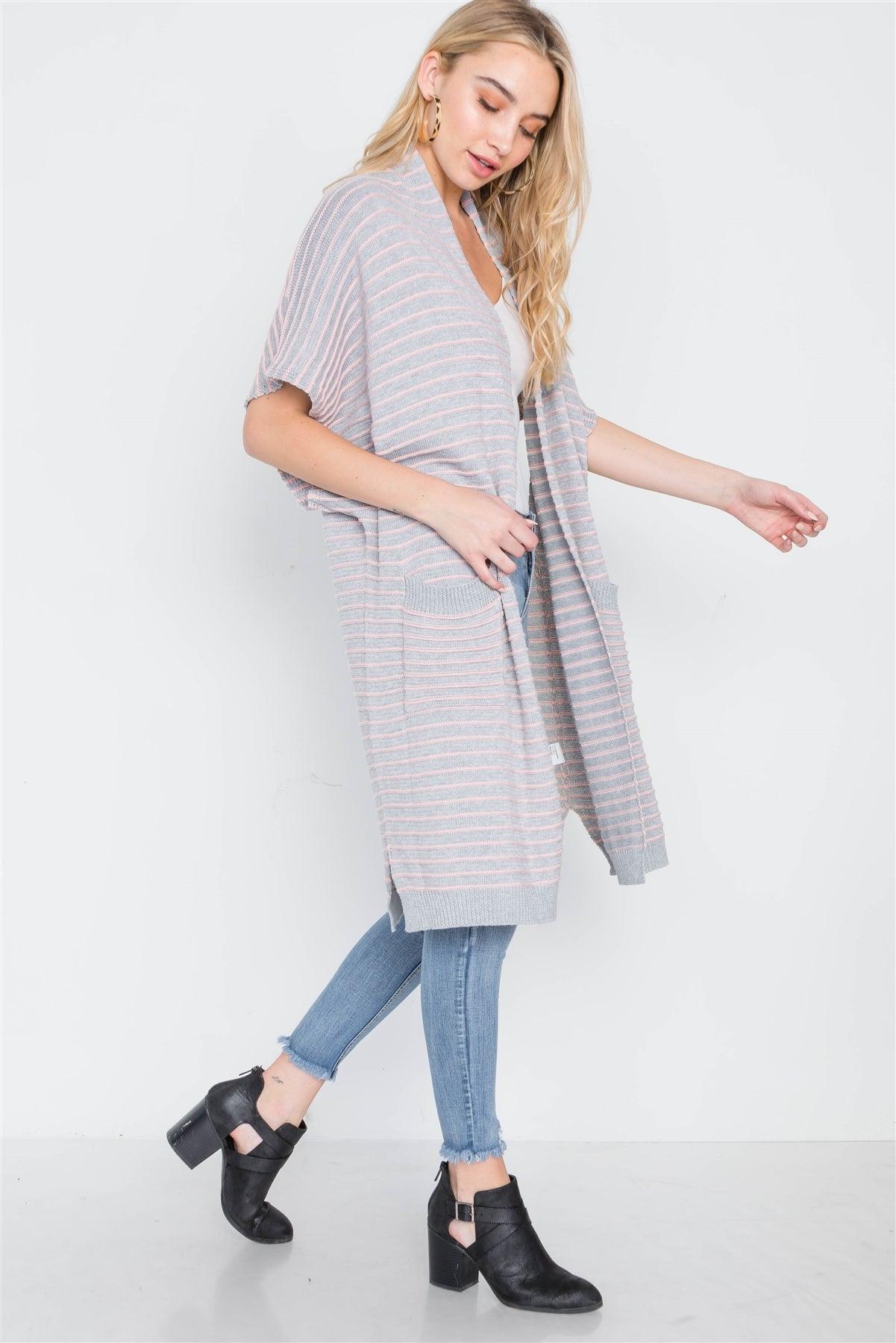 Heather Grey-Blush Knit Stripe Cardigan Vest /1-3-2