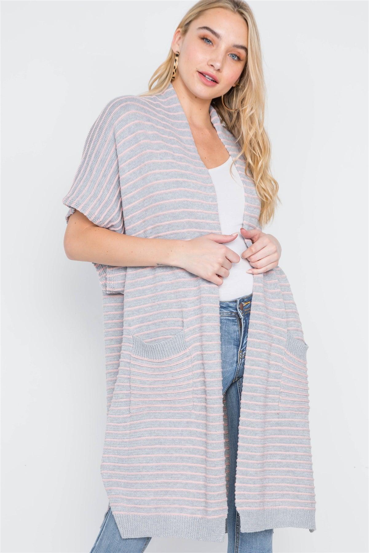 Heather Grey-Blush Knit Stripe Cardigan Vest /1-3-2