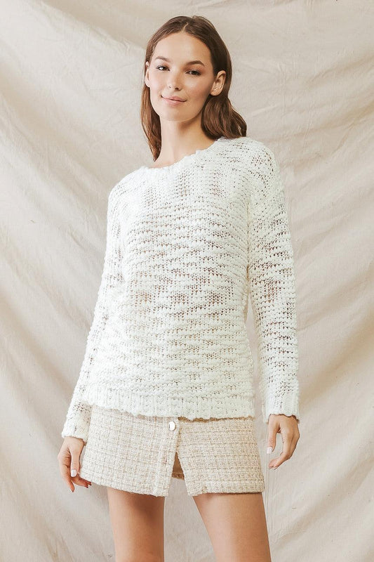 Cream Knit Crew Neck Long Sleeve Sweater /3-2-1