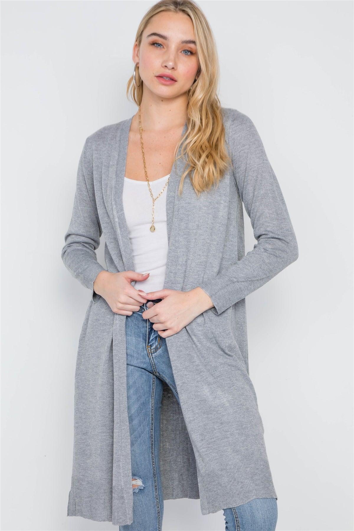 Heather Grey Open Front Pleated Back Cardigan /2-2-2