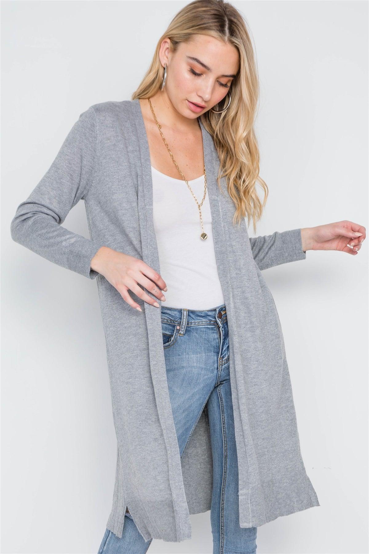 Heather Grey Open Front Pleated Back Cardigan /2-2-2