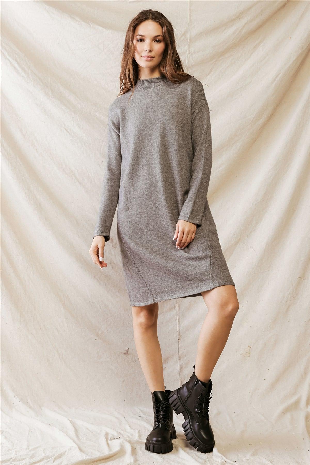 Heather Grey Viscose Blend Knit Long Sleeve Midi Dress /3-2