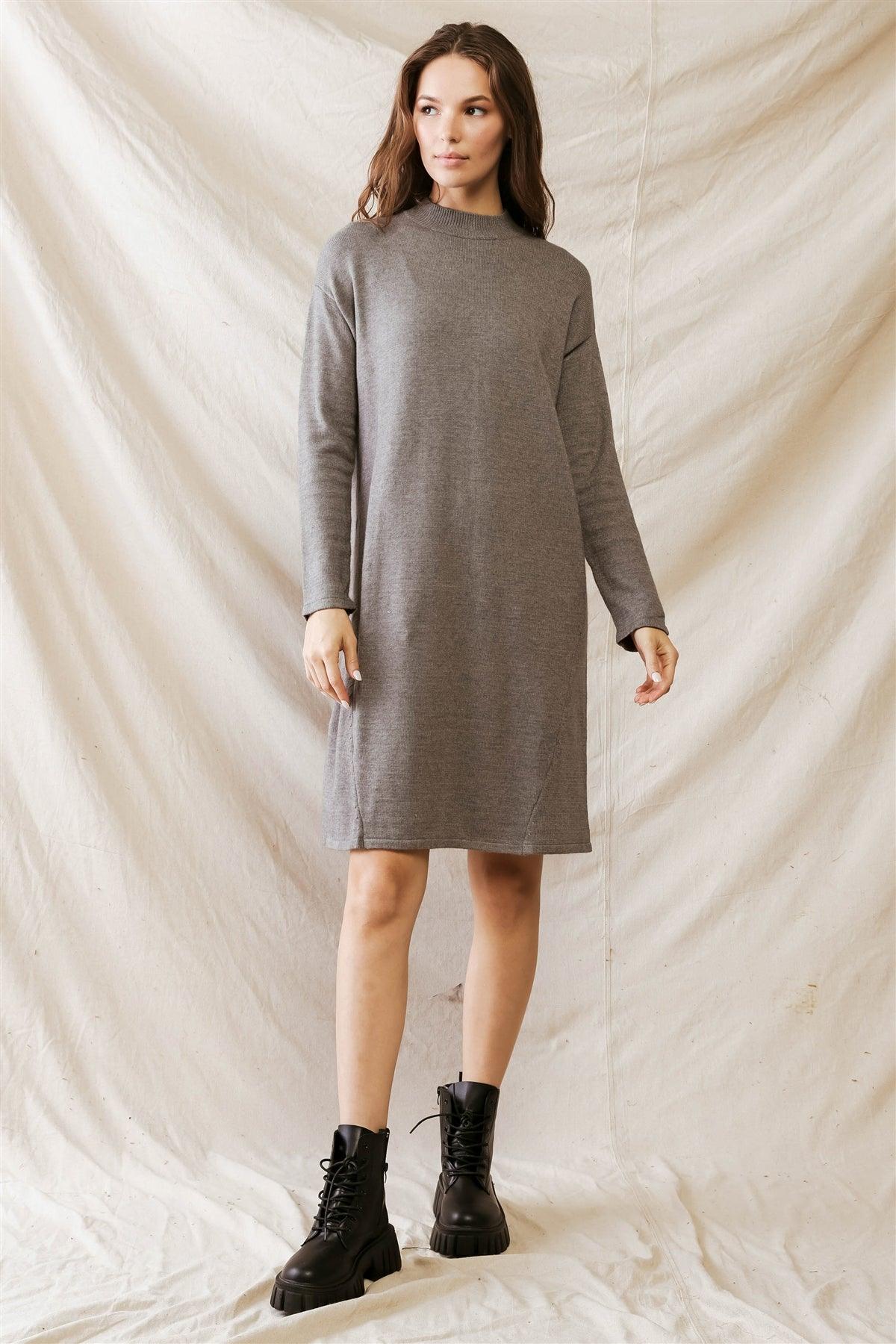 Heather Grey Viscose Blend Knit Long Sleeve Midi Dress /1-2