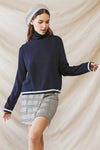 Navy Knit White Line Print Turtle Neck Long Sleeve Sweater /3-2-1