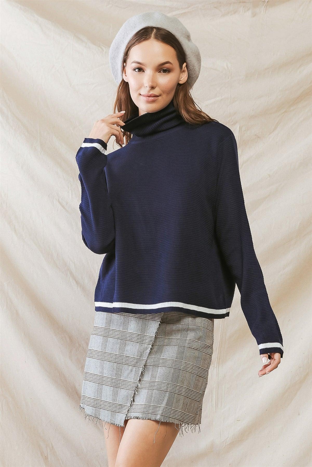 Navy Knit White Line Print Turtle Neck Long Sleeve Sweater /3-2-1