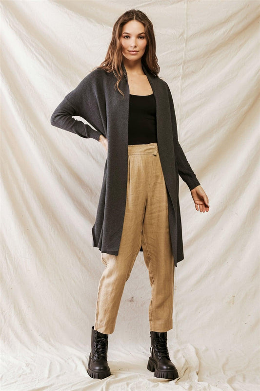 Charcoal Cotton Material Long Sleeve Open Front Cardigan /3-2-1