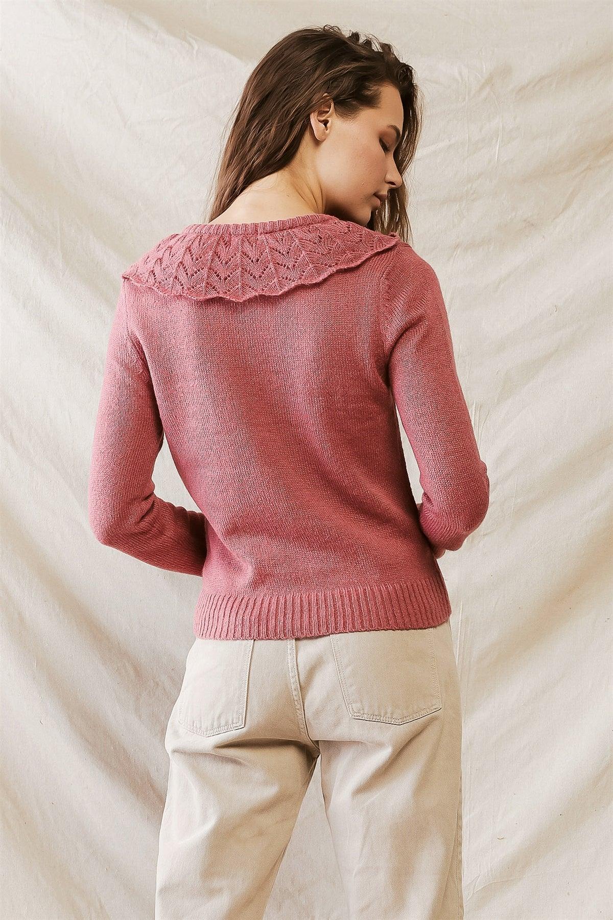 Mauve Knit Collared Neck Long Sleeve Sweater /3-2-1