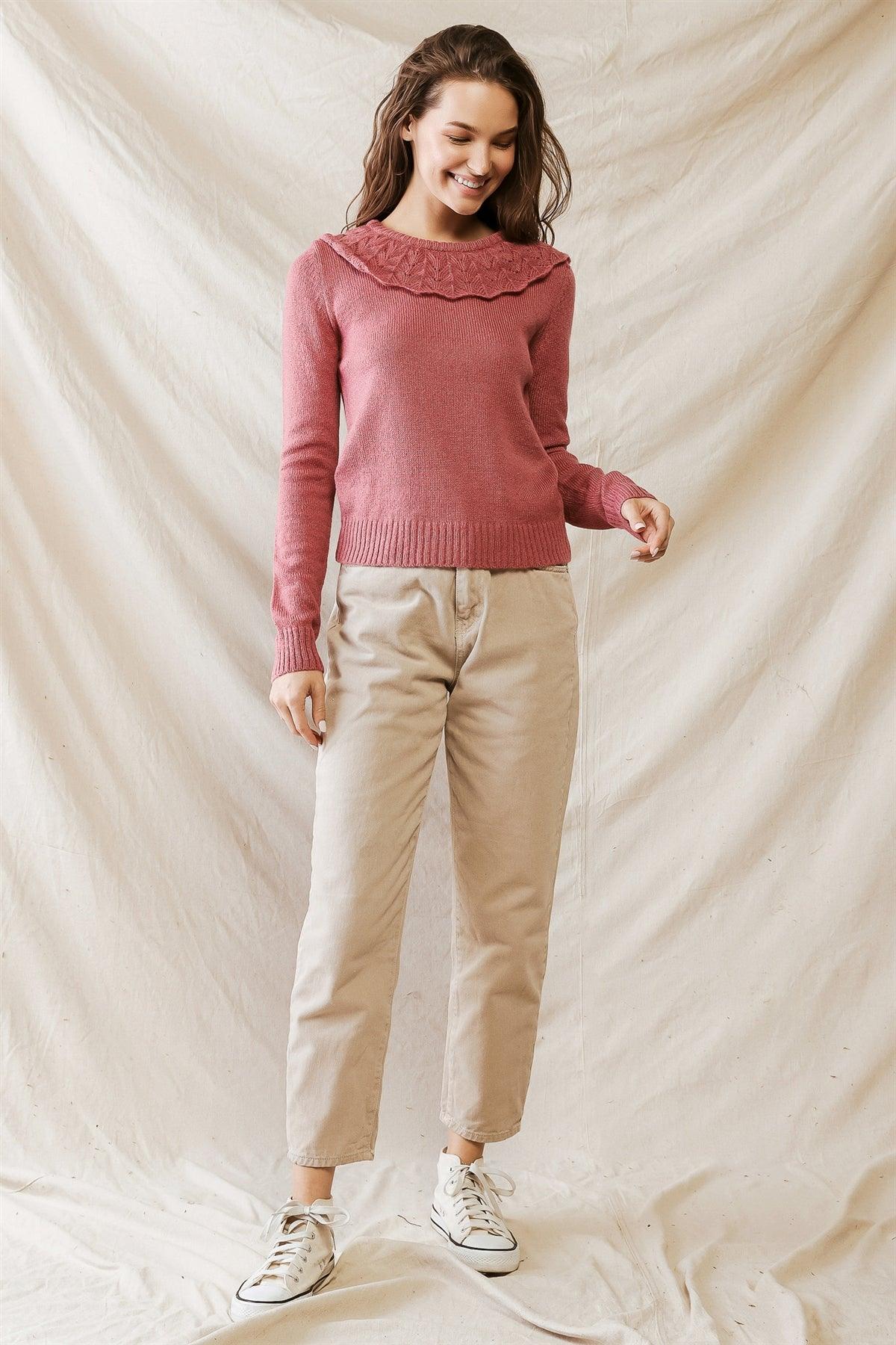 Mauve Knit Collared Neck Long Sleeve Sweater /1-3-2