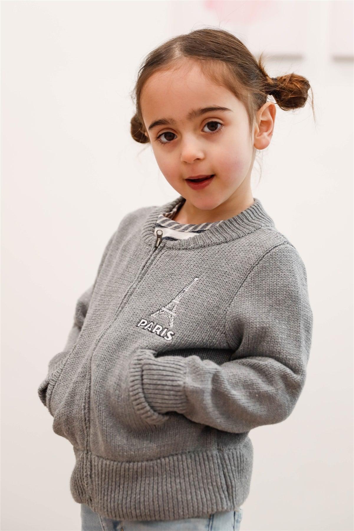 Girls "Paris" Grey Knit Cotton Zip-Up Sweater /1-3-2