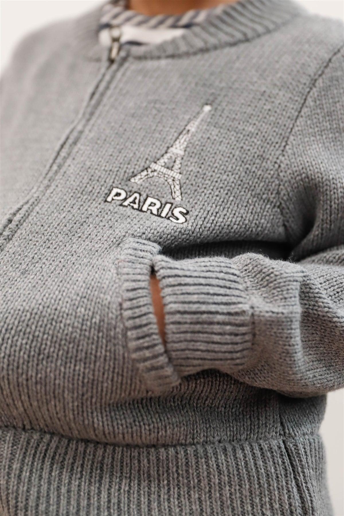 Toddler Girls "Paris" Grey Knit Cotton Zip-Up Sweater /1-3-2